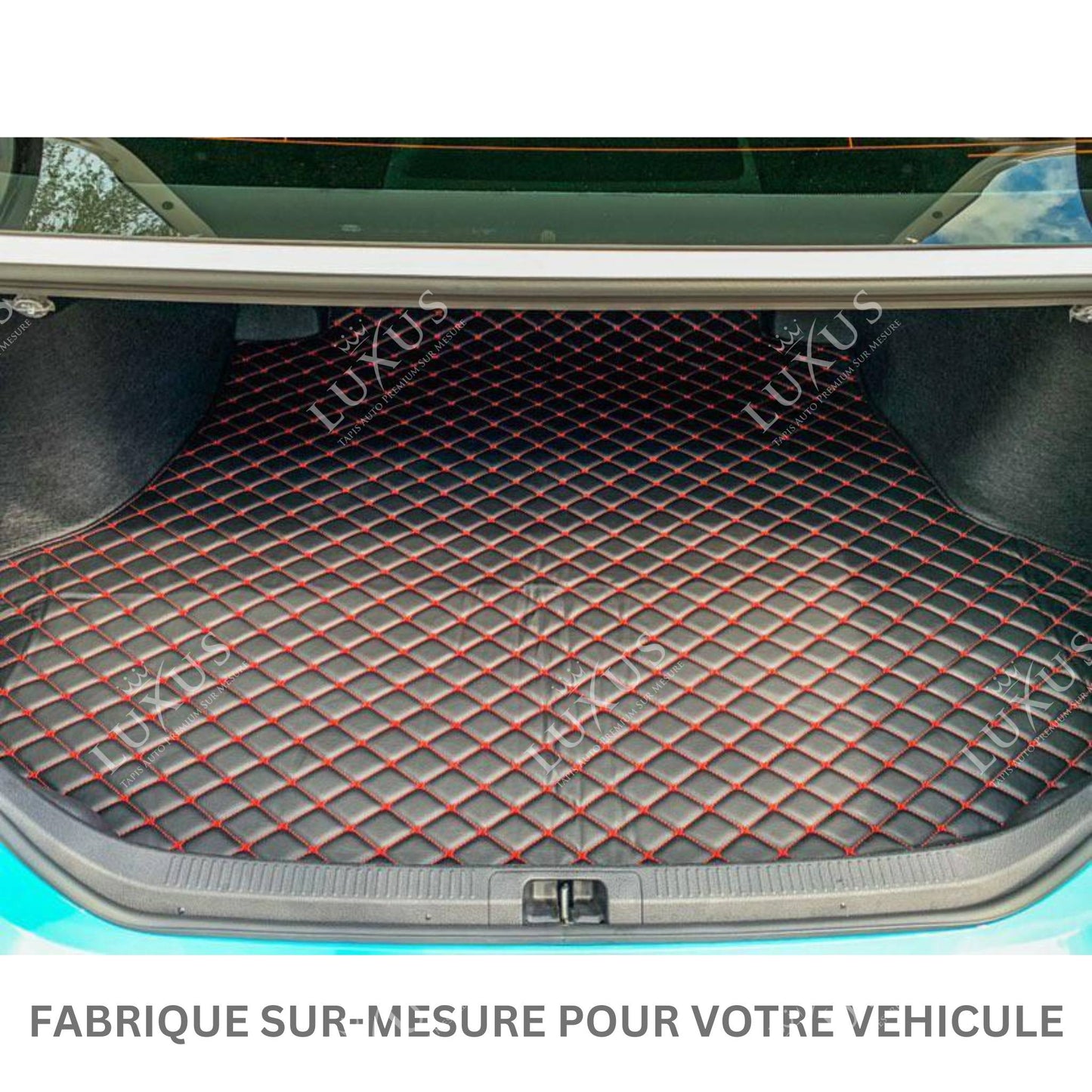 Tapis de Coffre sur Mesure Premium Luxus – Motif Losange Noir avec Surpiqûres Blanches