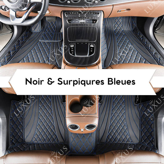 Tapis de Sol 3D sur Mesure Premium Luxus – Motif Hybride Noir avec Surpiqûres Bleues