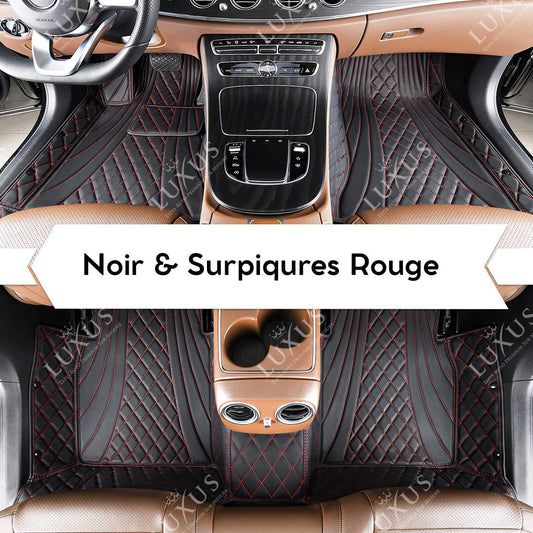 Tapis de Sol 3D sur Mesure Premium Luxus – Motif Hybride Noir avec Surpiqûres Rouges