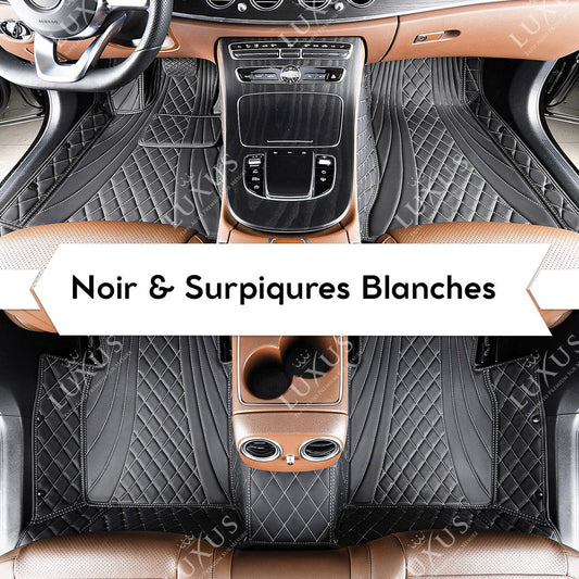 Tapis de Sol 3D sur Mesure Premium Luxus – Motif Hybride Noir avec Surpiqûres Blanches