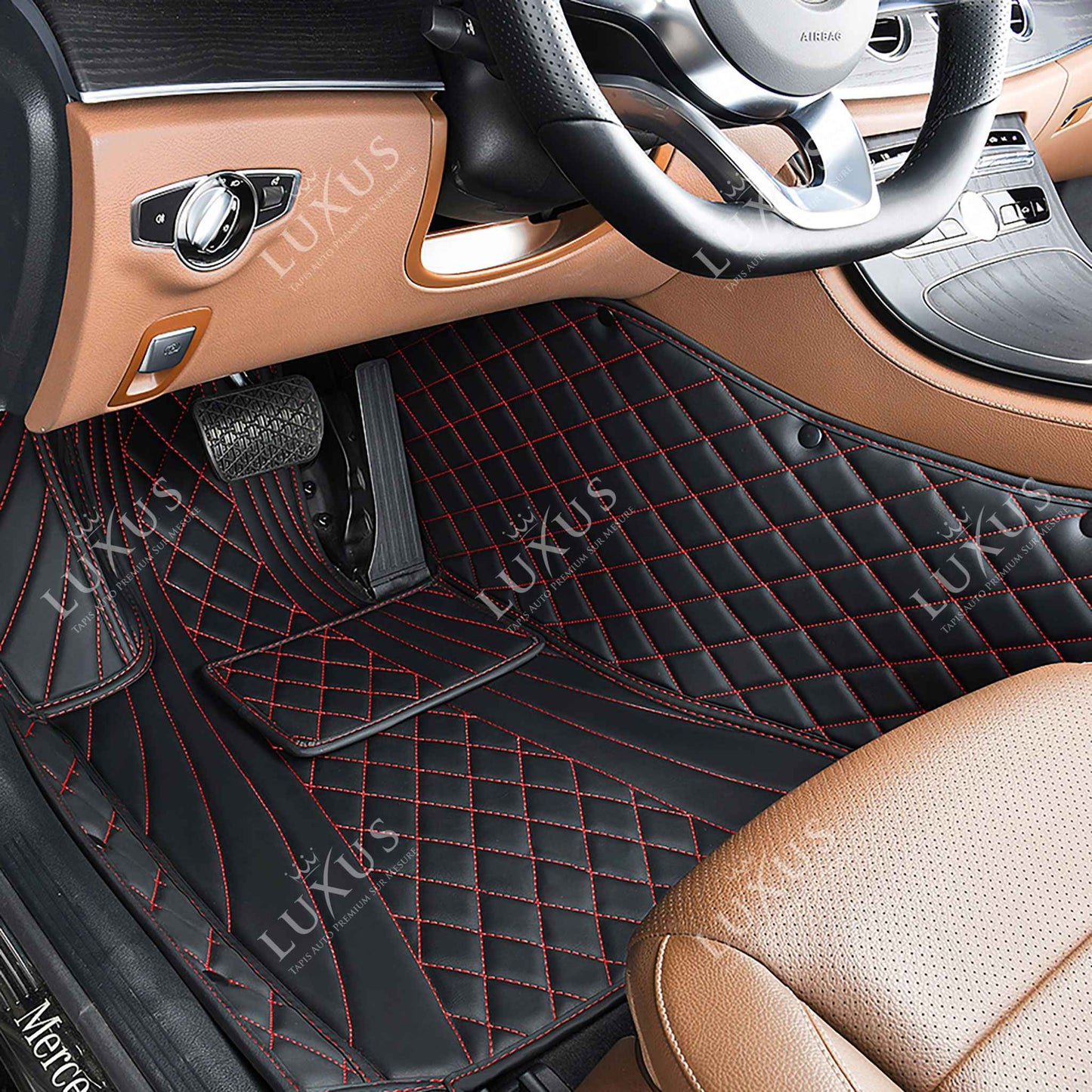 Tapis de Sol 3D sur Mesure Premium Luxus – Motif Hybride Noir avec Surpiqûres Rouges