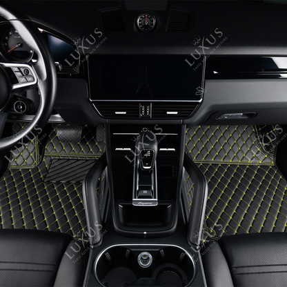 Tapis de Sol 3D Sur Mesure Premium Luxus – Motif Losange Noir avec Surpiqûres Jaunes