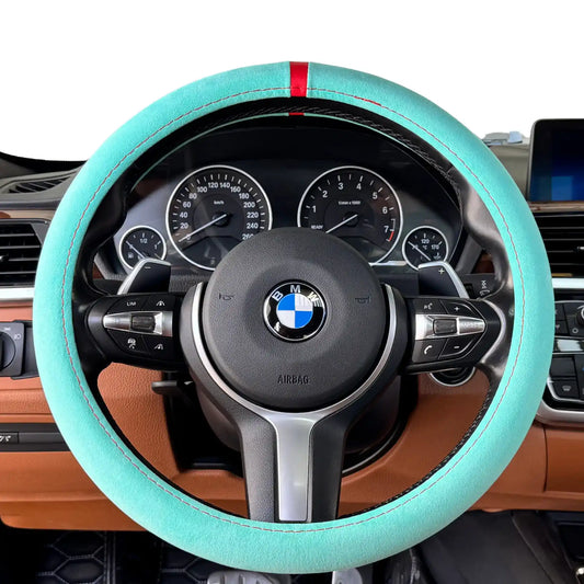 Housse de volant en Alcantara - Bleu Tiffany et surpiqûres rouges