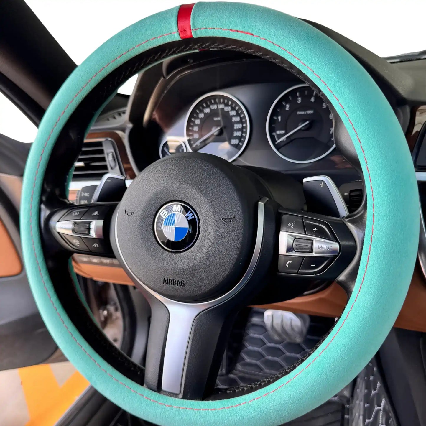 Housse de volant en Alcantara - Bleu Tiffany et surpiqûres rouges