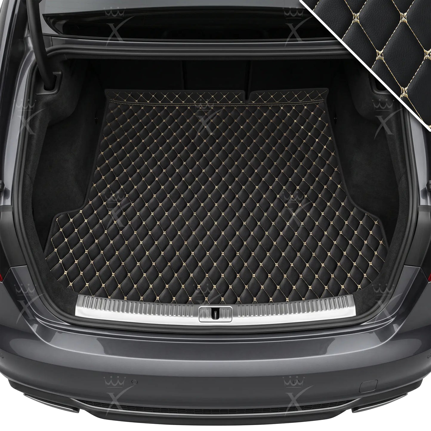 Tapis de Coffre sur Mesure Premium Luxus – Motif Losange Noir avec Surpiqûres Beiges