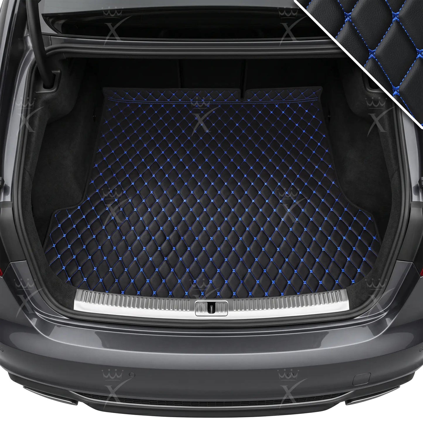 Tapis de Coffre sur Mesure Premium Luxus – Motif Losange Noir avec Surpiqûres Bleues
