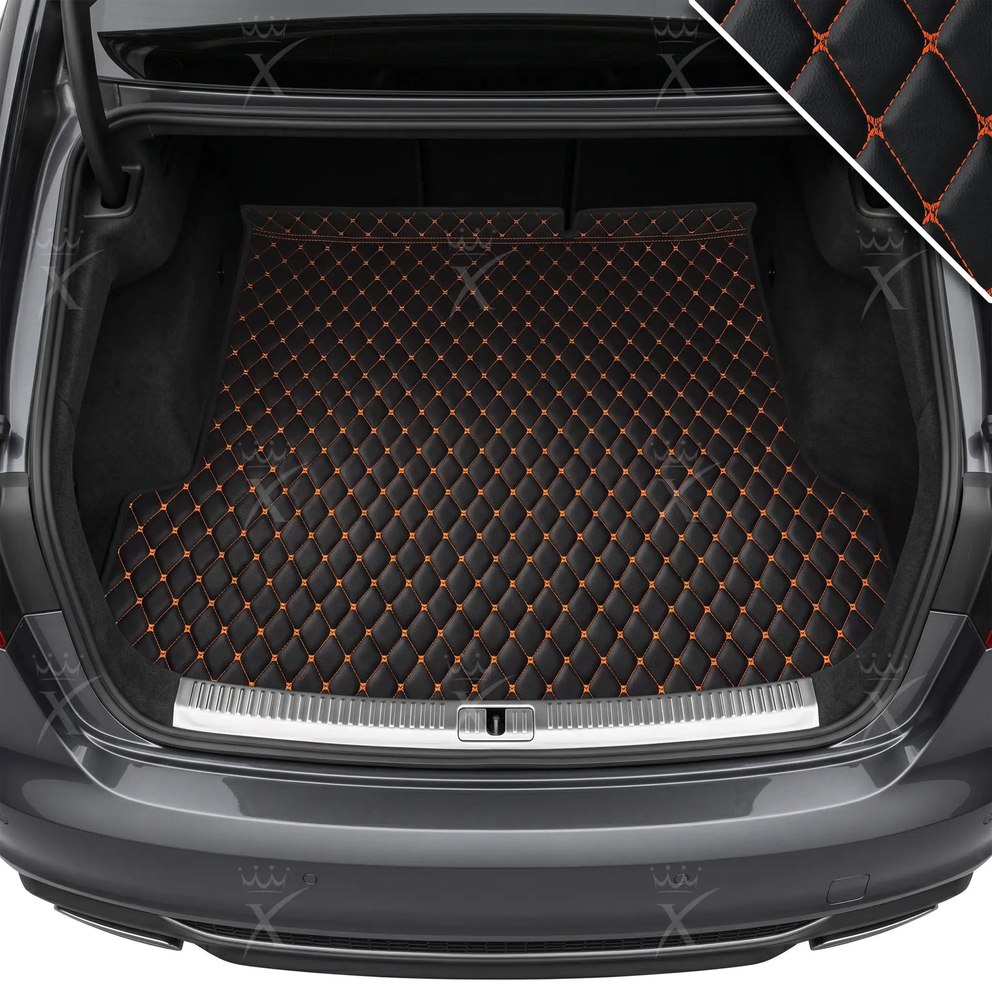 Tapis de Coffre sur Mesure Premium Luxus – Motif Losange Noir avec Surpiqûres Oranges