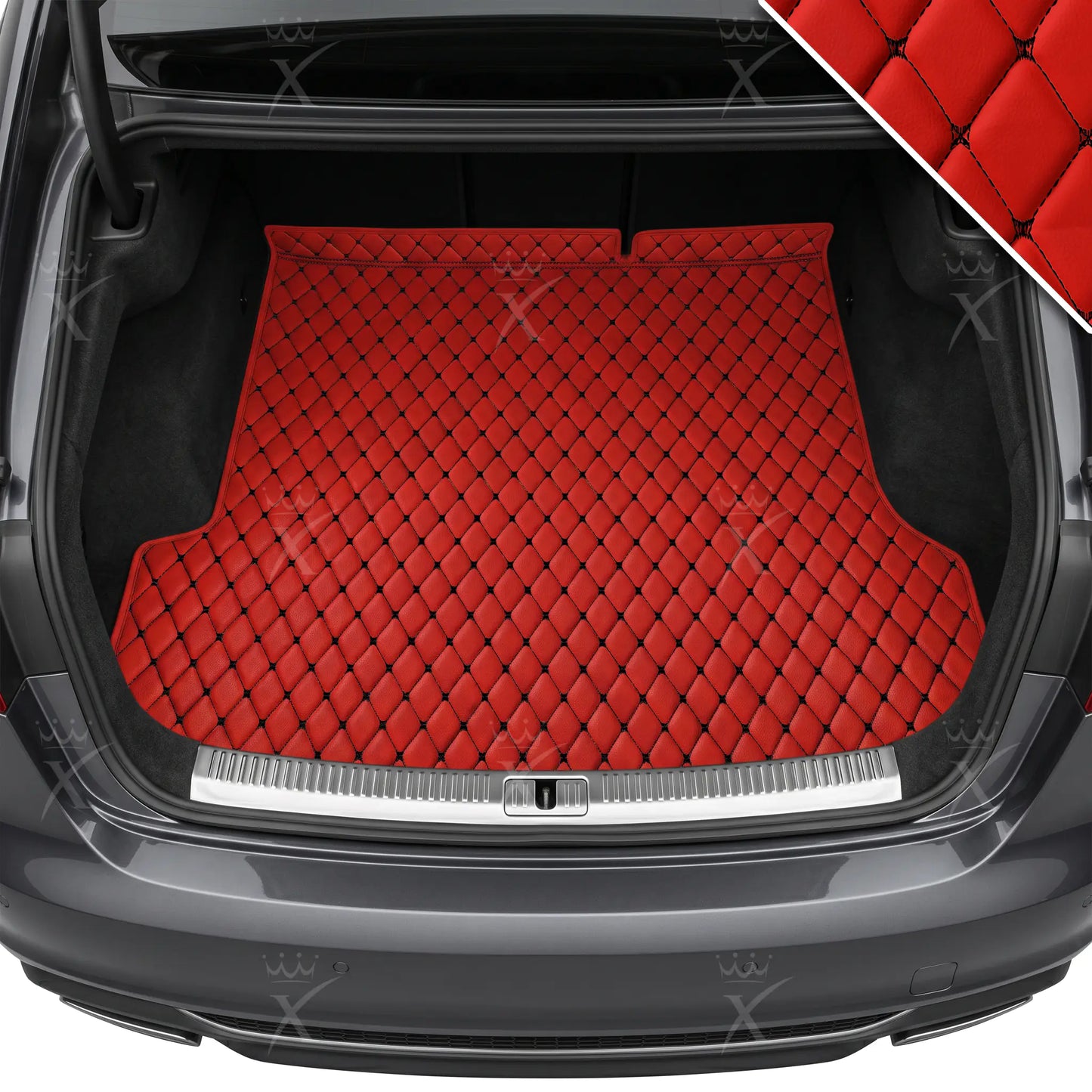 Tapis de Coffre sur Mesure Premium Luxus – Motif Losange Rouge Ferrari avec Surpiqûres Noires