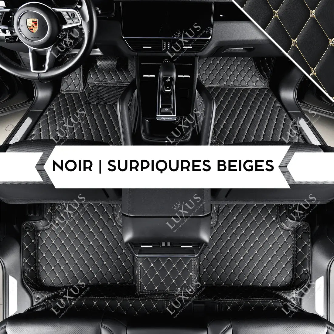 Tapis de Sol 3D sur Mesure Premium Luxus – Motif Losange Noir avec Surpiqûres Beiges