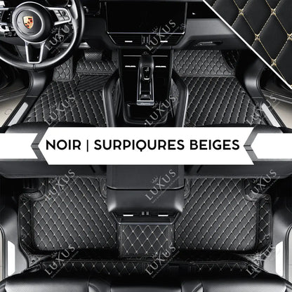 Tapis de Sol 3D sur Mesure Premium Luxus – Motif Losange Noir avec Surpiqûres Beiges