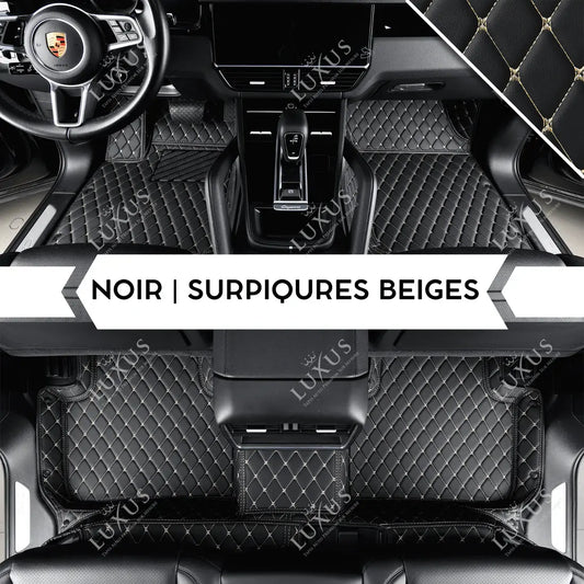 Tapis de Sol 3D sur Mesure Premium Luxus – Motif Losange Noir avec Surpiqûres Beiges