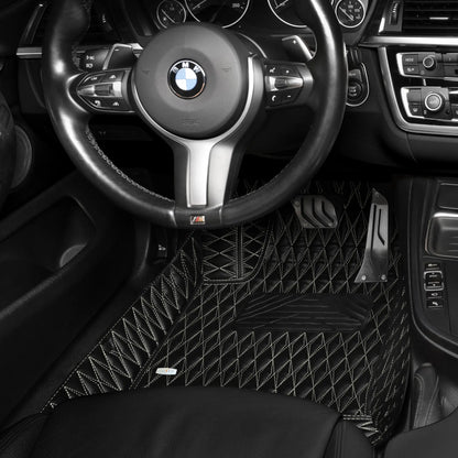 Tapis de Sol 3D sur Mesure Premium Luxus – Motif Double Losange Noir avec Surpiqûres Beiges