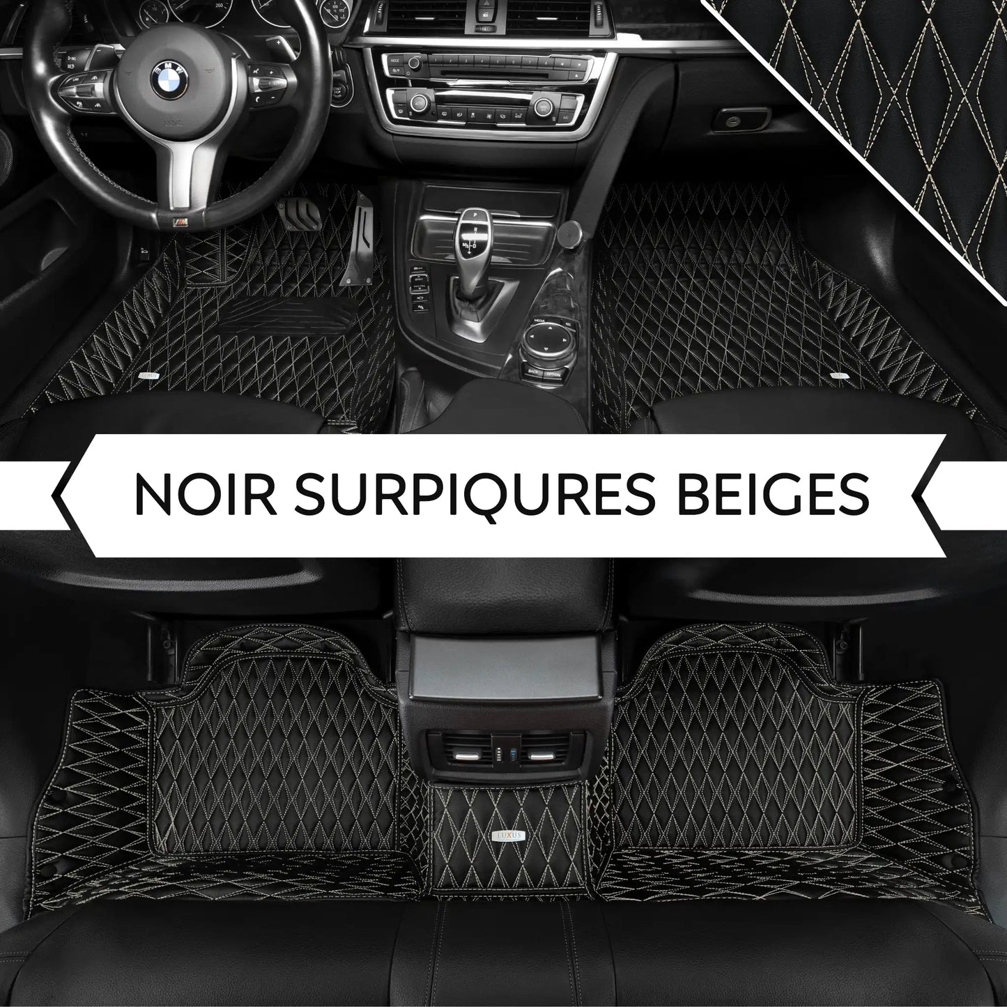 Tapis de Sol 3D sur Mesure Premium Luxus – Motif Double Losange Noir avec Surpiqûres Beiges