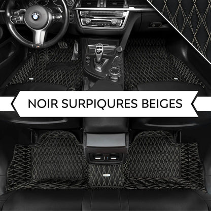 Tapis de Sol 3D sur Mesure Premium Luxus – Motif Double Losange Noir avec Surpiqûres Beiges