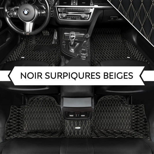 Tapis de Sol 3D sur Mesure Premium Luxus – Motif Double Losange Noir avec Surpiqûres Beiges