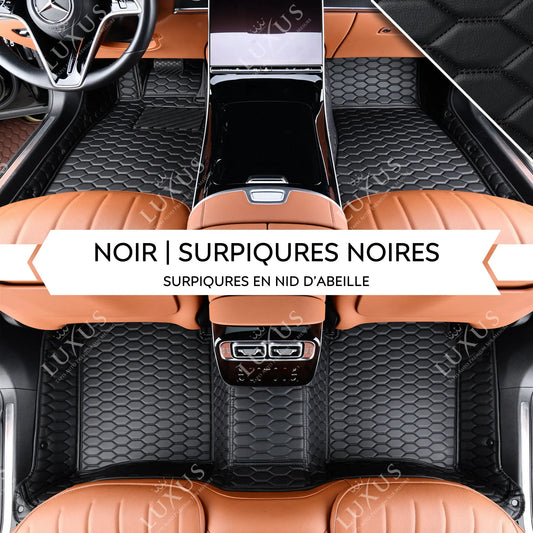 Tapis de Sol 3D sur Mesure Premium Luxus – Motif Nid d’Abeille Noir avec Surpiqûres Noires