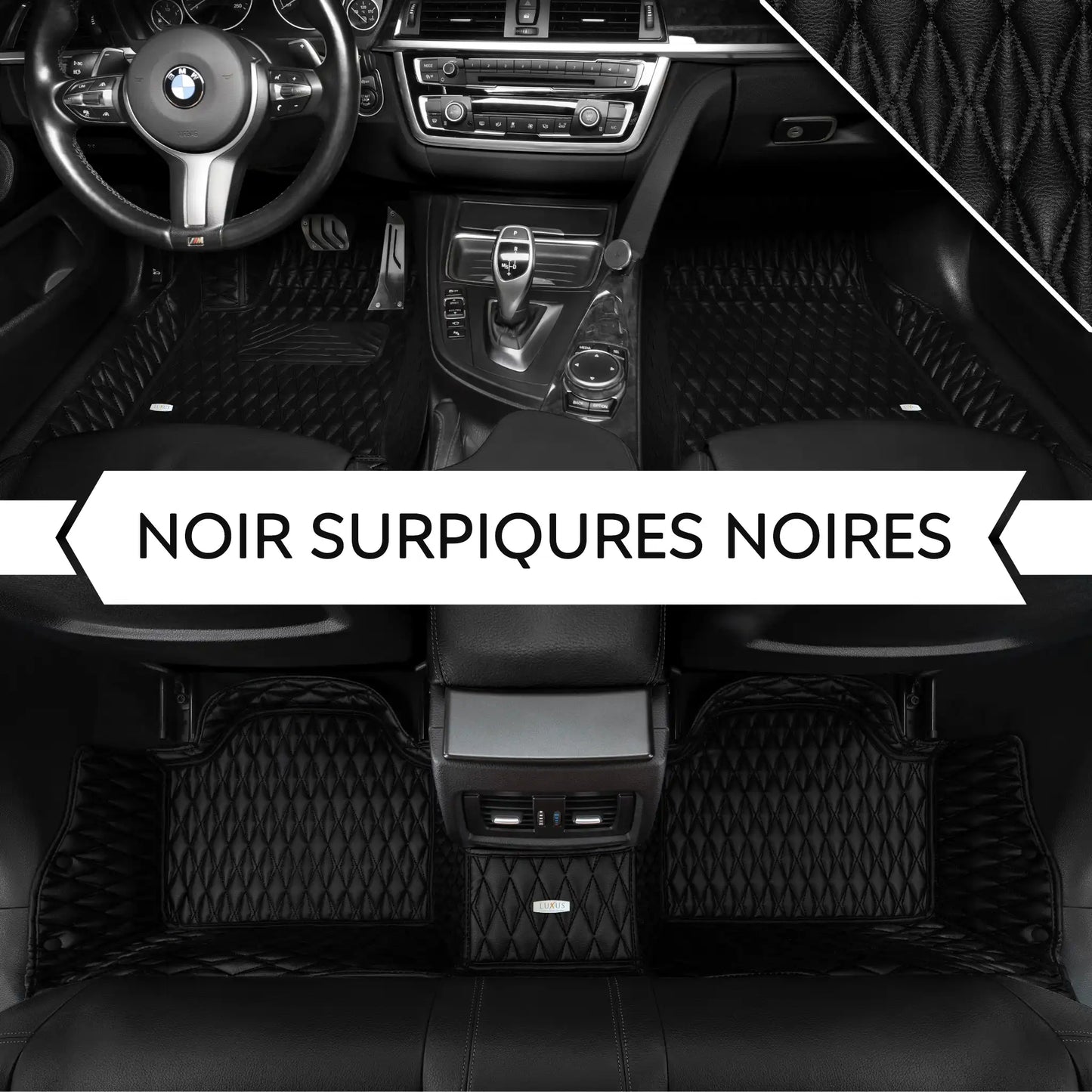 Tapis de Sol 3D sur Mesure Premium Luxus – Motif Double Losange Noir avec Surpiqûres Noires