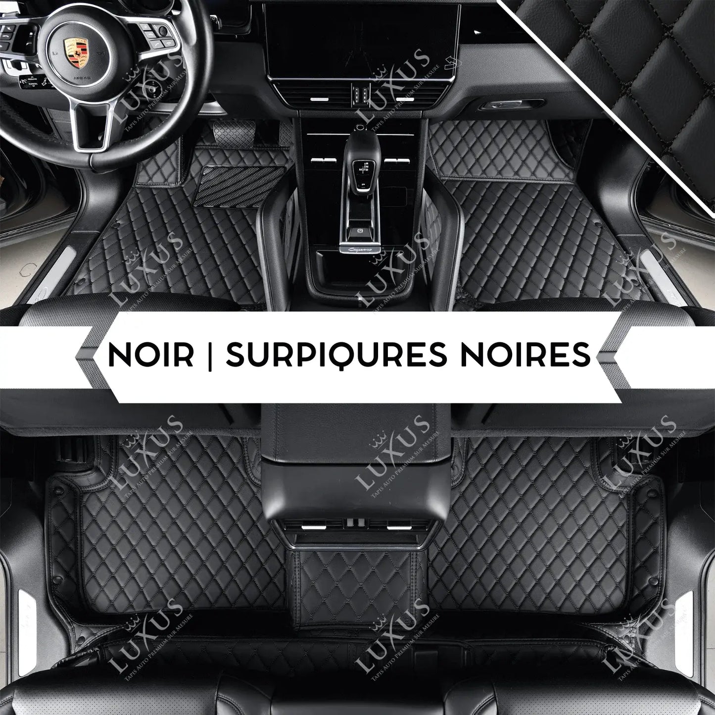 Tapis de Sol 3D Sur Mesure Premium Luxus – Motif Losange Noir avec Surpiqûres Noires