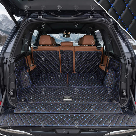 Tapis de Coffre 3D Intégral sur Mesure Premium Luxus – Motif Losange Noir avec Surpiqûres Bleues