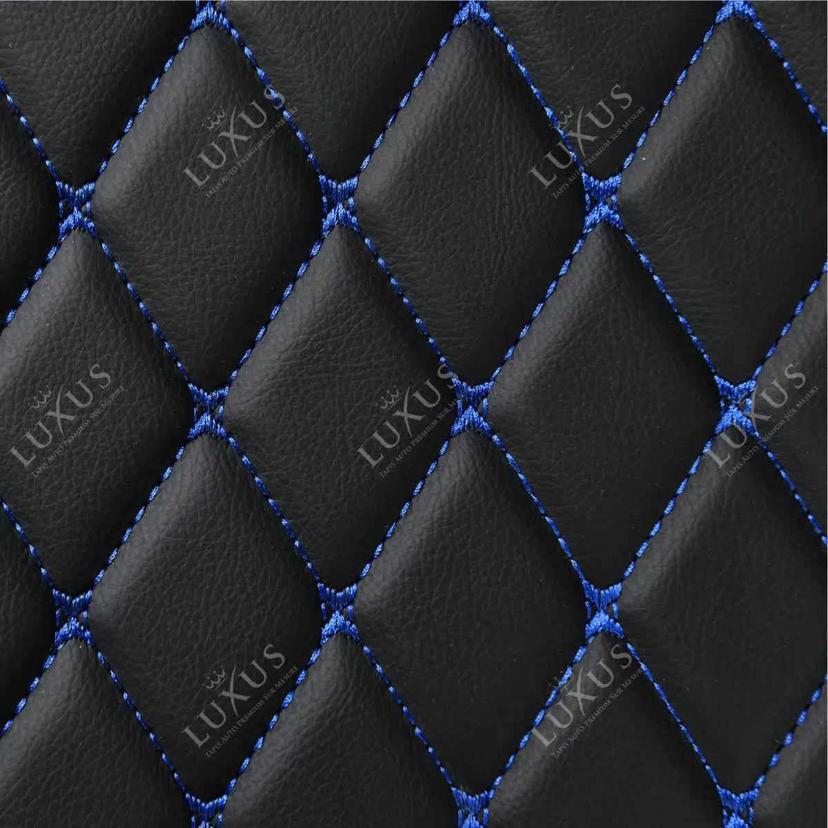 Tapis de Coffre sur Mesure Premium Luxus – Motif Losange Noir avec Surpiqûres Bleues