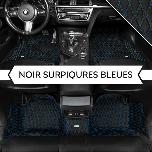Tapis de Sol 3D sur Mesure Premium Luxus – Motif Double Losange Noir avec Surpiqûres Bleues