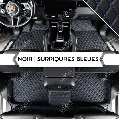 Tapis de Sol 3D Sur Mesure Premium Luxus – Motif Losange Noir avec Surpiqûres Bleues