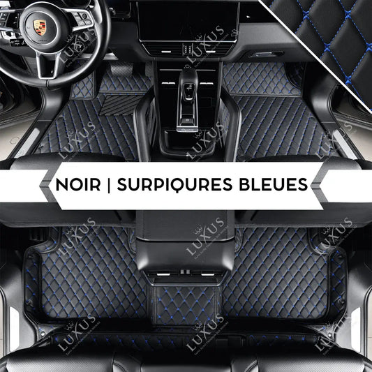 Tapis de Sol 3D Sur Mesure Premium Luxus – Motif Losange Noir avec Surpiqûres Bleues