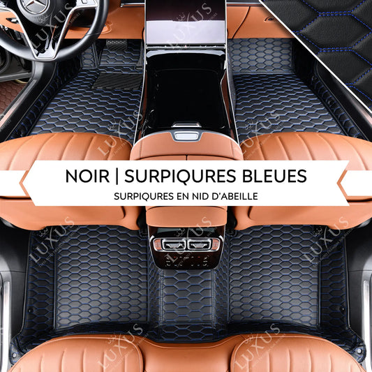 Tapis de Sol 3D sur Mesure Premium Luxus – Motif Nid d’Abeille Noir avec Surpiqûres Bleues