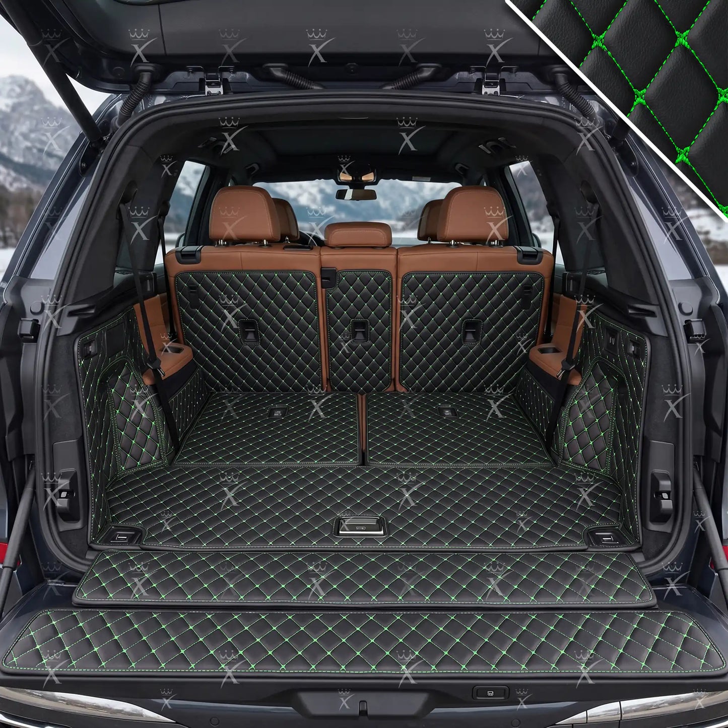 Tapis de Coffre 3D Intégral sur Mesure Premium Luxus – Motif Losange Noir avec Surpiqûres Vertes