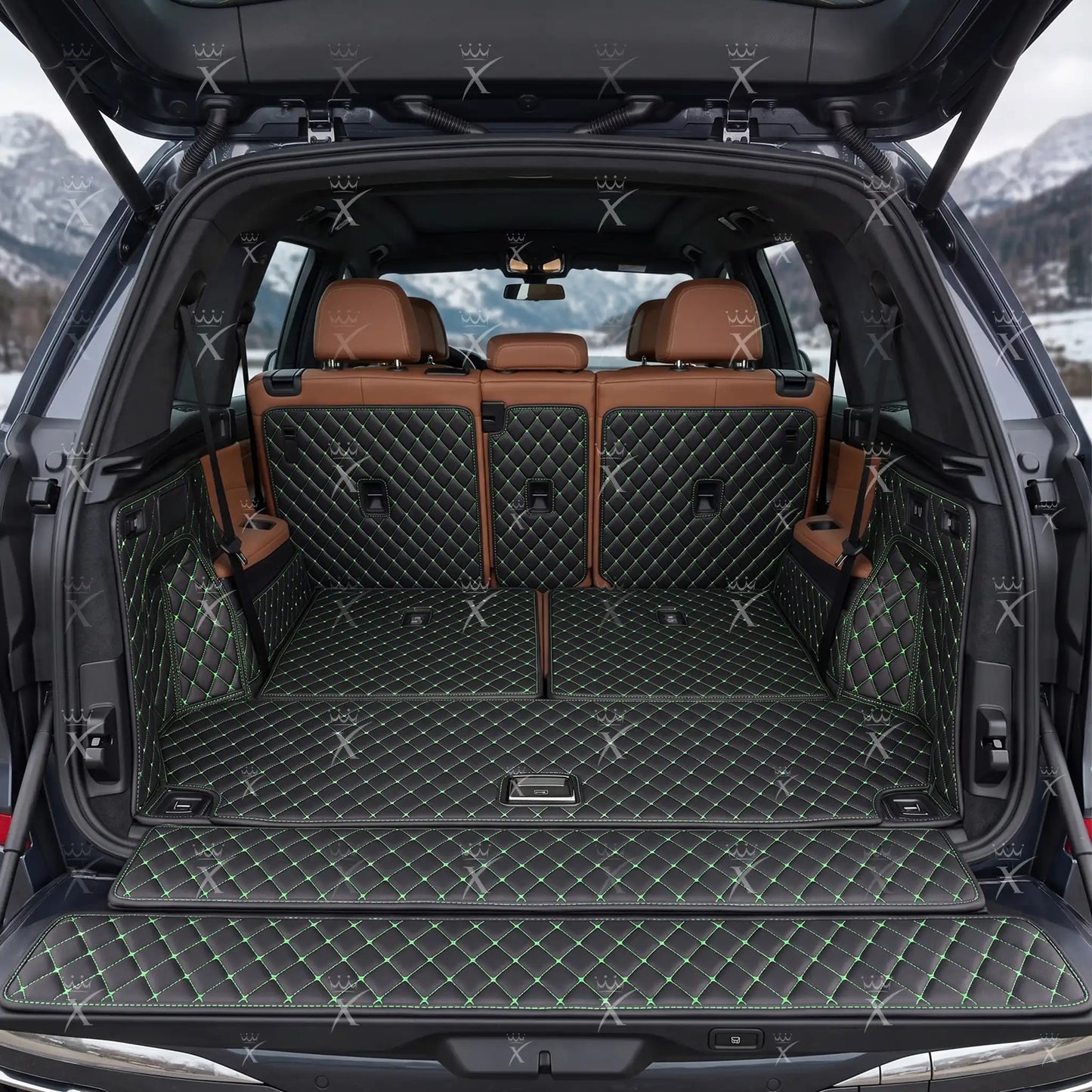 Tapis de Coffre 3D Intégral sur Mesure Premium Luxus – Motif Losange Noir avec Surpiqûres Vertes