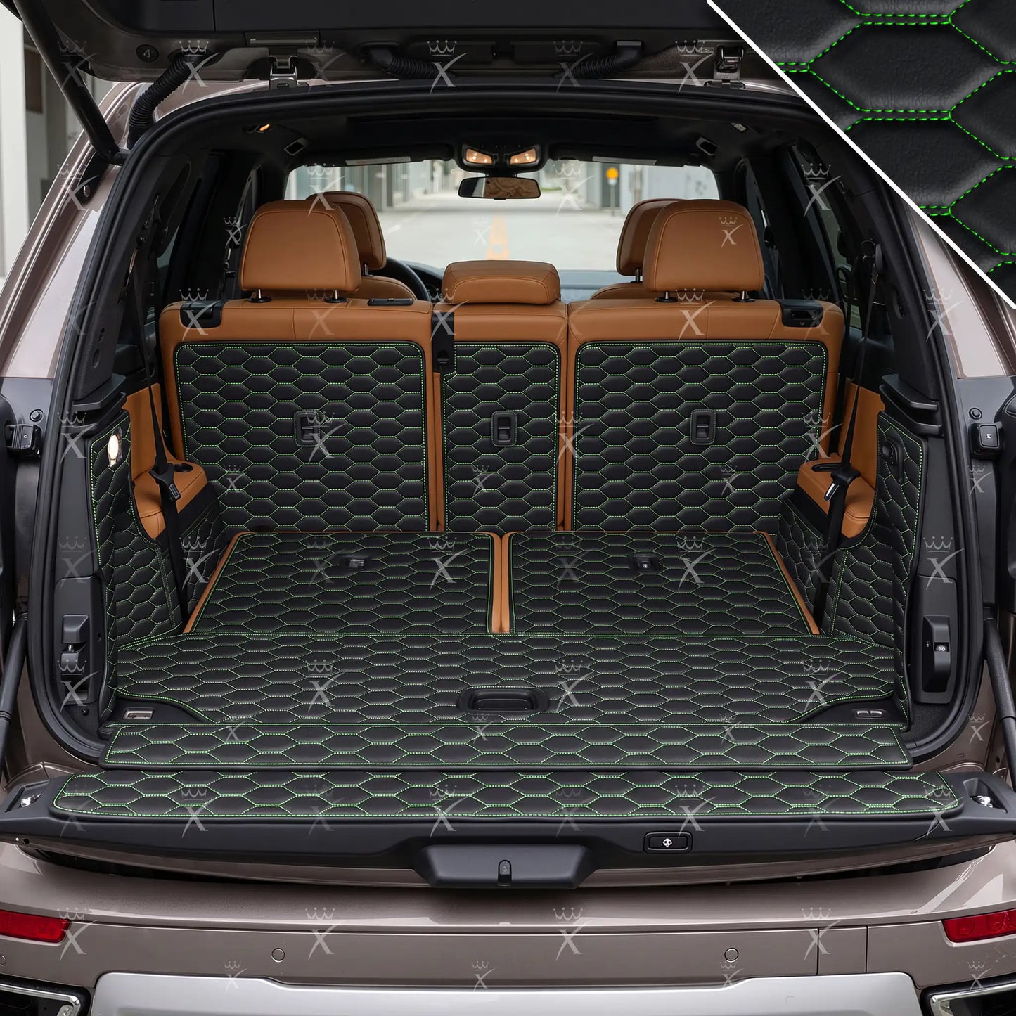 Tapis de Coffre 3D Intégral sur Mesure Premium Luxus – Motif Nid d’Abeille Noir avec Surpiqûres Vertes