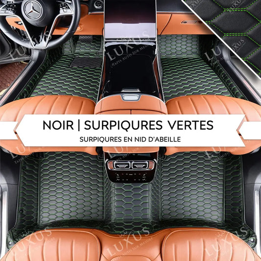 Tapis de Sol 3D sur Mesure Premium Luxus – Motif Nid d’Abeille Noir avec Surpiqûres Vertes