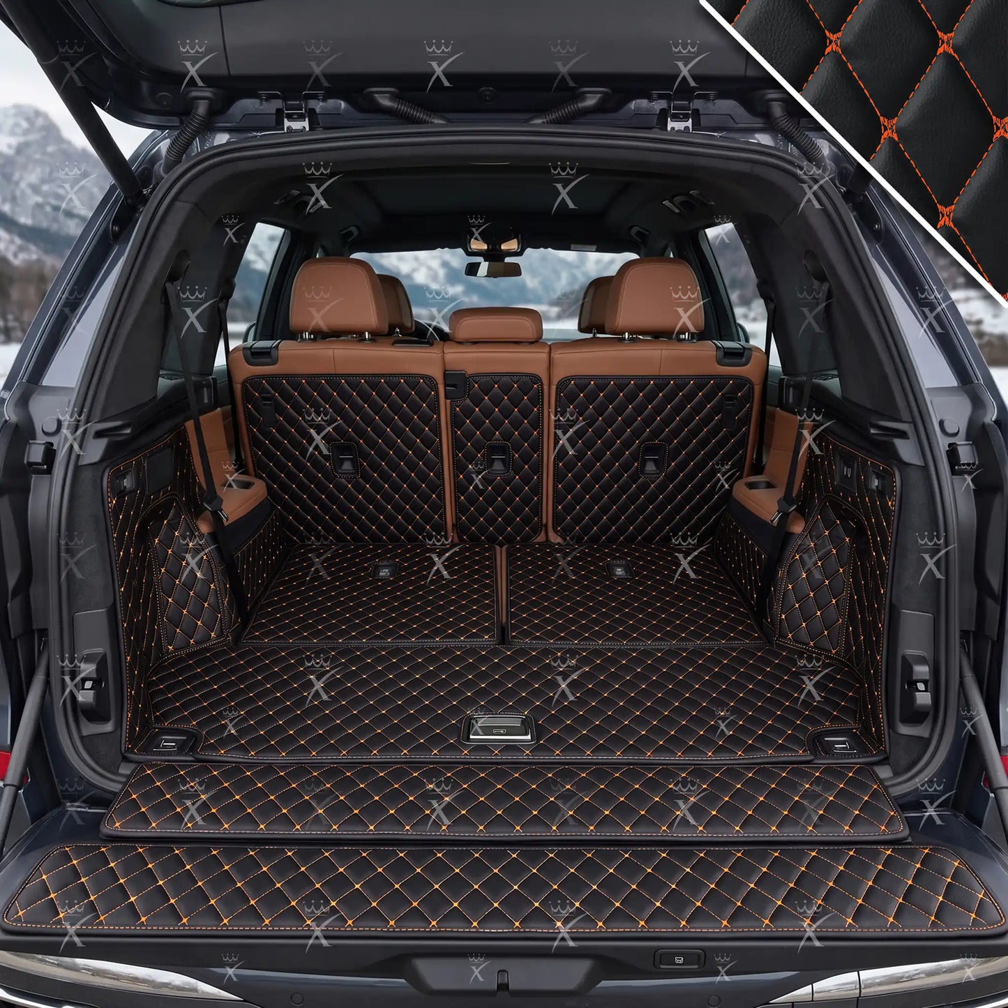 Tapis de Coffre 3D Intégral Sur Mesure Premium Luxus – Motif Losange Noir Avec Surpiqûres Orange