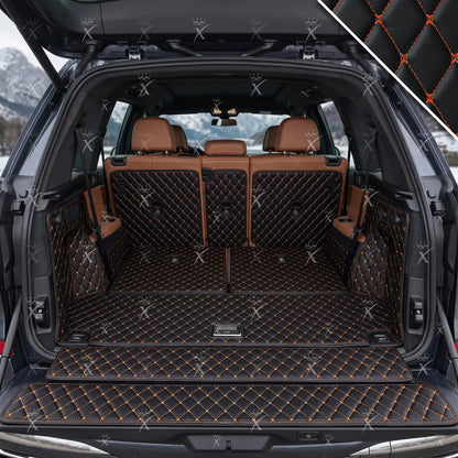 Tapis de Coffre 3D Intégral Sur Mesure Premium Luxus – Motif Losange Noir Avec Surpiqûres Orange