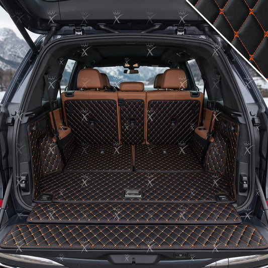 Tapis de Coffre 3D Intégral Sur Mesure Premium Luxus – Motif Losange Noir Avec Surpiqûres Orange
