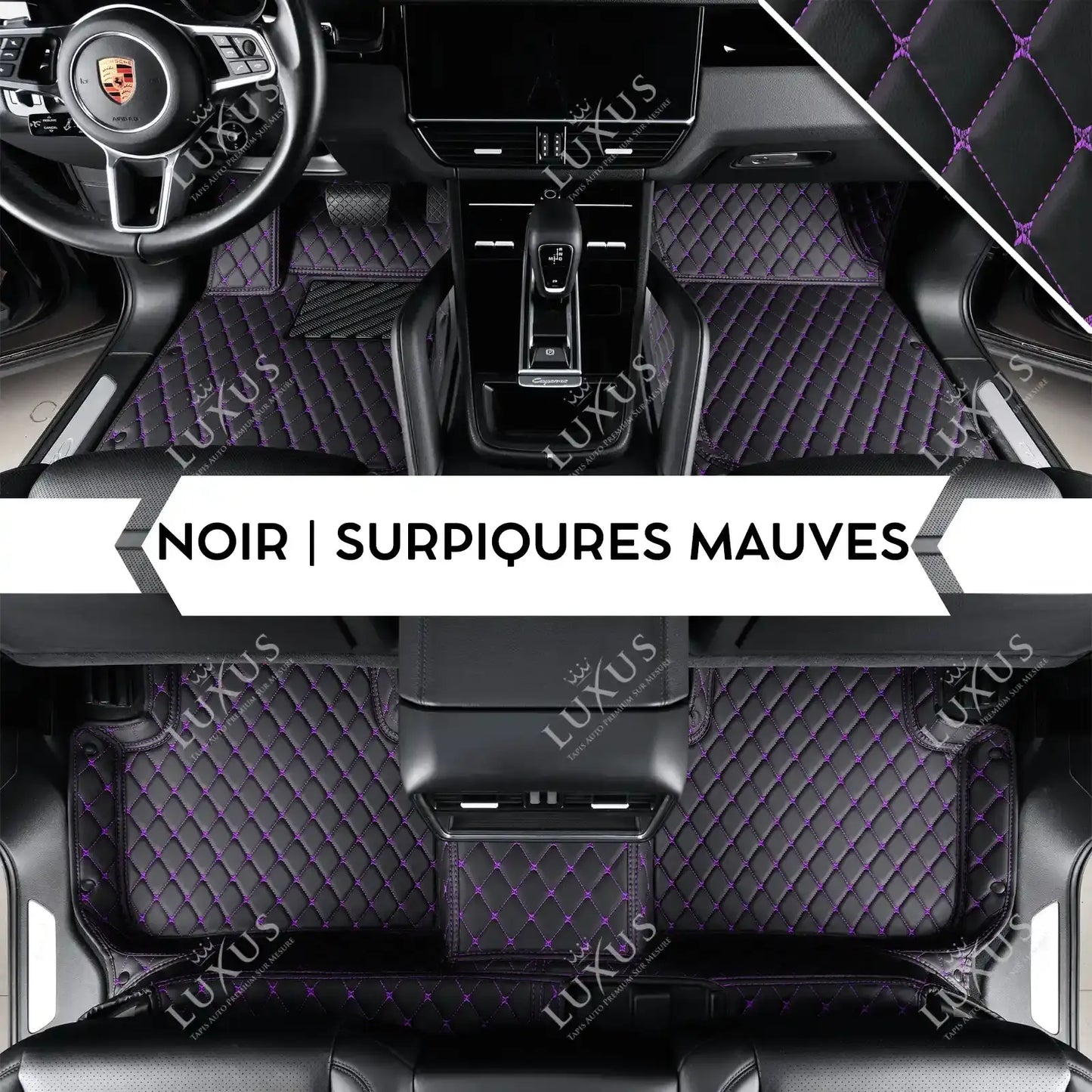 Tapis de Sol 3D Sur Mesure Premium Luxus – Motif Losange Noir avec Surpiqûres Mauves