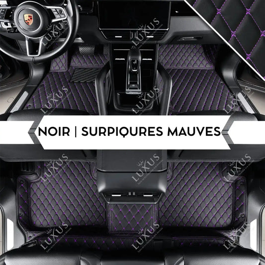 Tapis de Sol 3D Sur Mesure Premium Luxus – Motif Losange Noir avec Surpiqûres Mauves