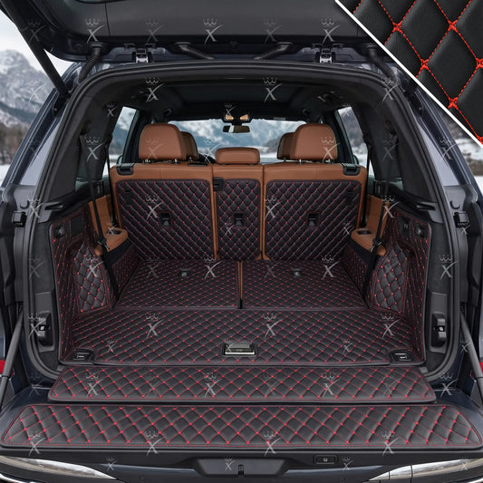 Tapis de Coffre 3D Intégral sur Mesure Premium Luxus – Motif Losange Noir avec Surpiqûres Rouges