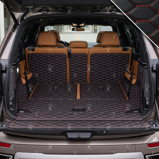 Tapis de Coffre 3D Intégral sur Mesure Premium Luxus – Motif Nid d’Abeille Noir avec Surpiqûres Rouges