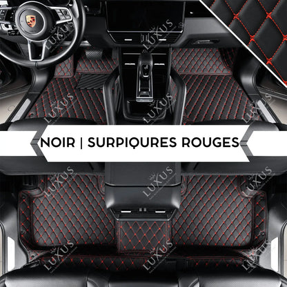 Tapis De Sol 3D Sur Mesure Premium Luxus – Motif Losange Noir avec Surpiqûres Rouges