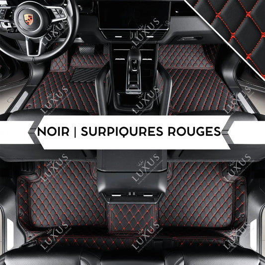 Tapis De Sol 3D Sur Mesure Premium Luxus – Motif Losange Noir avec Surpiqûres Rouges