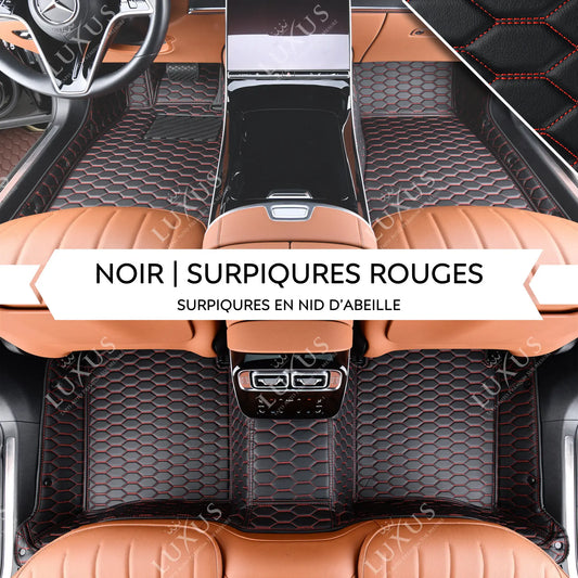 Tapis de Sol 3D sur Mesure Premium Luxus – Motif Nid d’Abeille Noir avec Surpiqûres Rouges