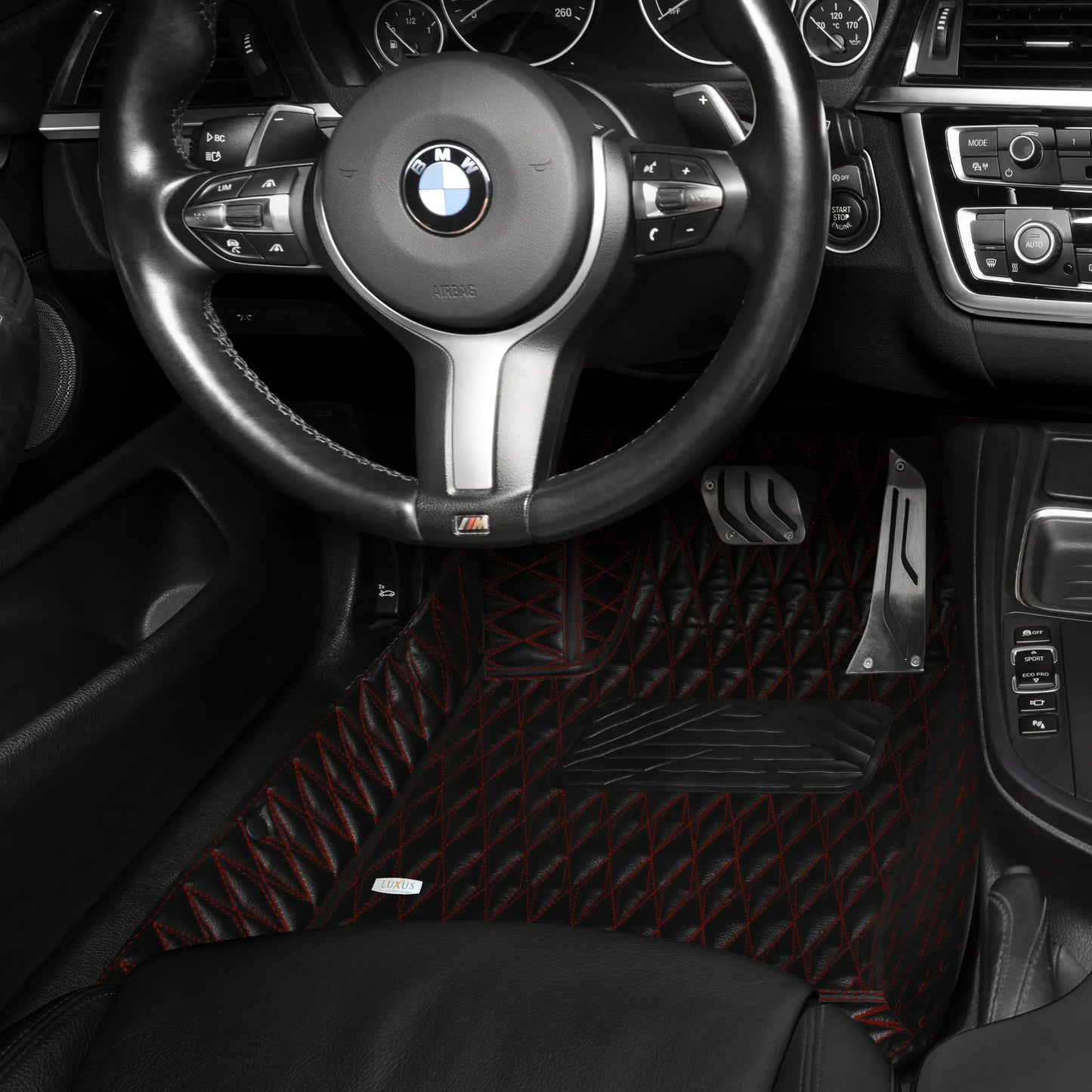 Tapis de Sol 3D sur Mesure Premium Luxus – Motif Double Losange Noir avec Surpiqûres Rouges