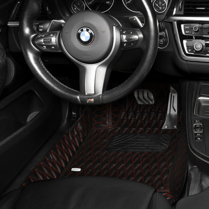 Tapis de Sol 3D sur Mesure Premium Luxus – Motif Double Losange Noir avec Surpiqûres Rouges