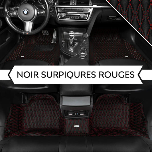 Tapis de Sol 3D sur Mesure Premium Luxus – Motif Double Losange Noir avec Surpiqûres Rouges