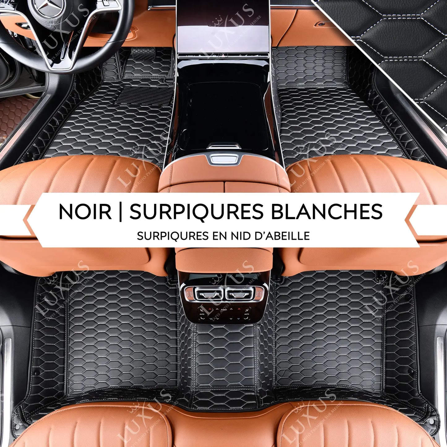 Tapis de Sol 3D sur Mesure Premium Luxus – Motif Nid d’Abeille Noir avec Surpiqûres Blanches