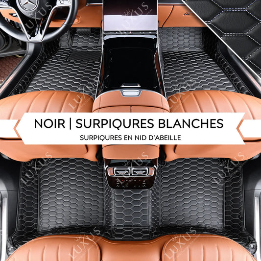 Tapis de Sol 3D sur Mesure Premium Luxus – Motif Nid d’Abeille Noir avec Surpiqûres Blanches