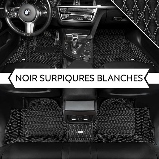 Tapis de Sol 3D sur Mesure Premium Luxus – Motif Double Losange Noir avec Surpiqûres Blanches
