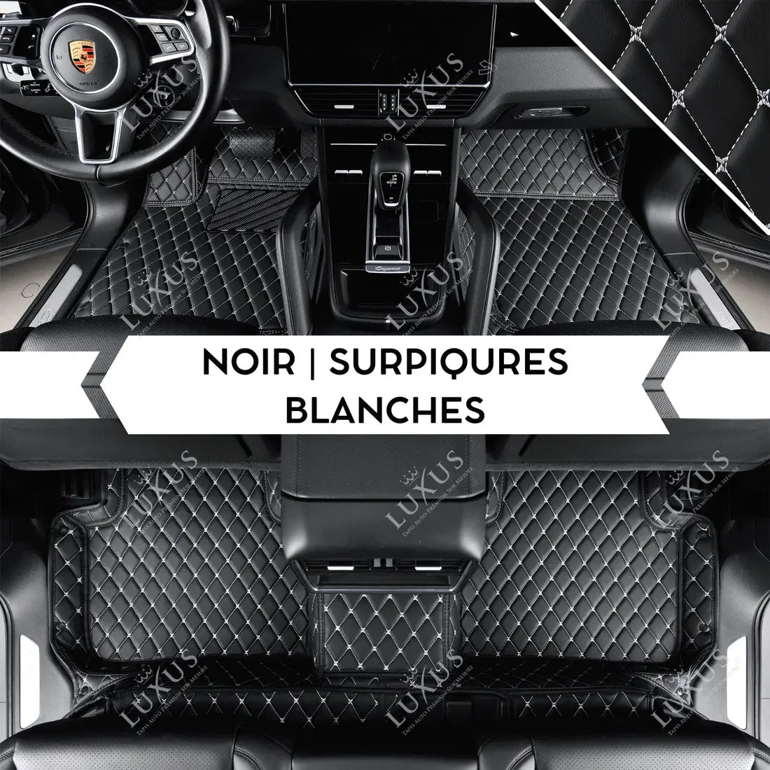 Tapis de Sol 3D sur Mesure Premium Luxus – Motif Losange Noir avec Surpiqûres Blanches