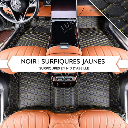 Tapis de Sol 3D sur Mesure Premium Luxus – Motif Nid d’Abeille Noir avec Surpiqûres Jaunes